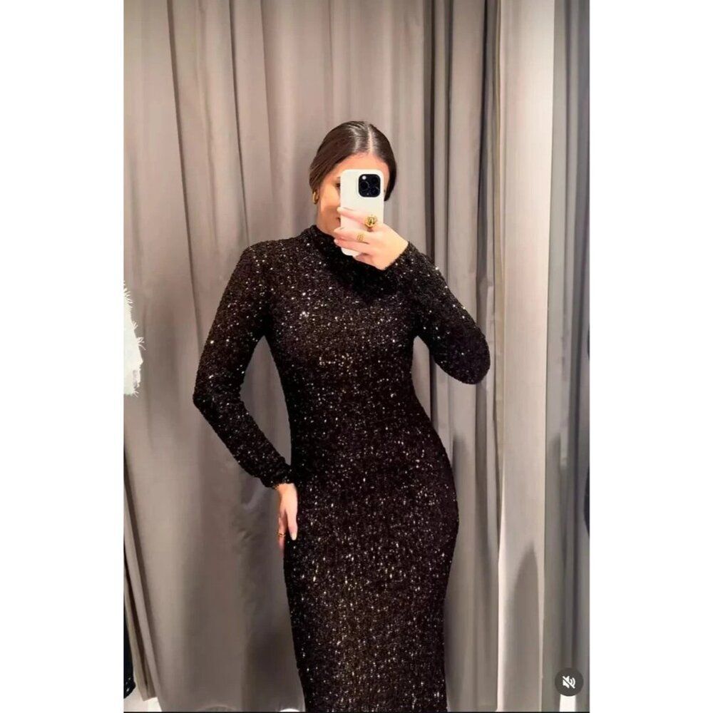 Zara Womens Maxi Sequin Dress Sz S Brown Long Open Back Long Sleeve 9964/108 NWT